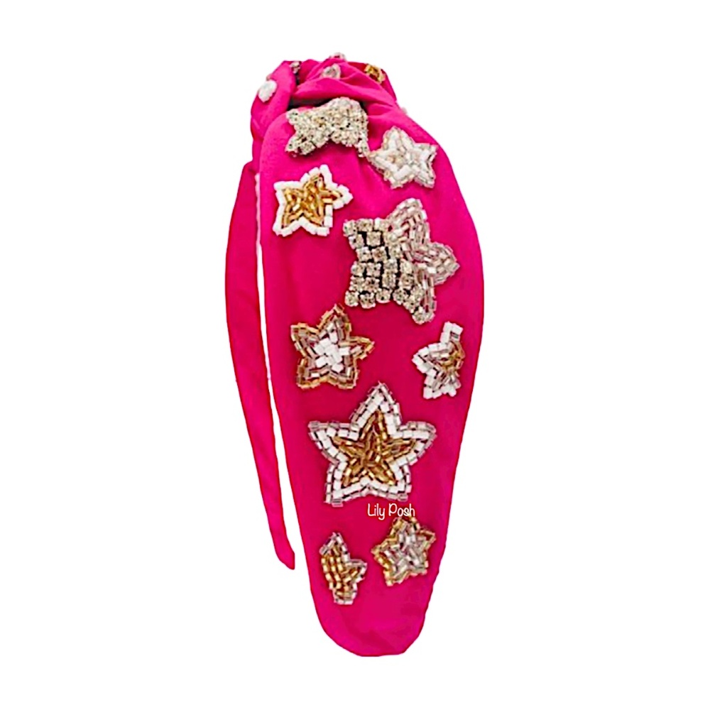 Lily Posh Beaded Stars Headband, Wide Knot Pink Headband, Star